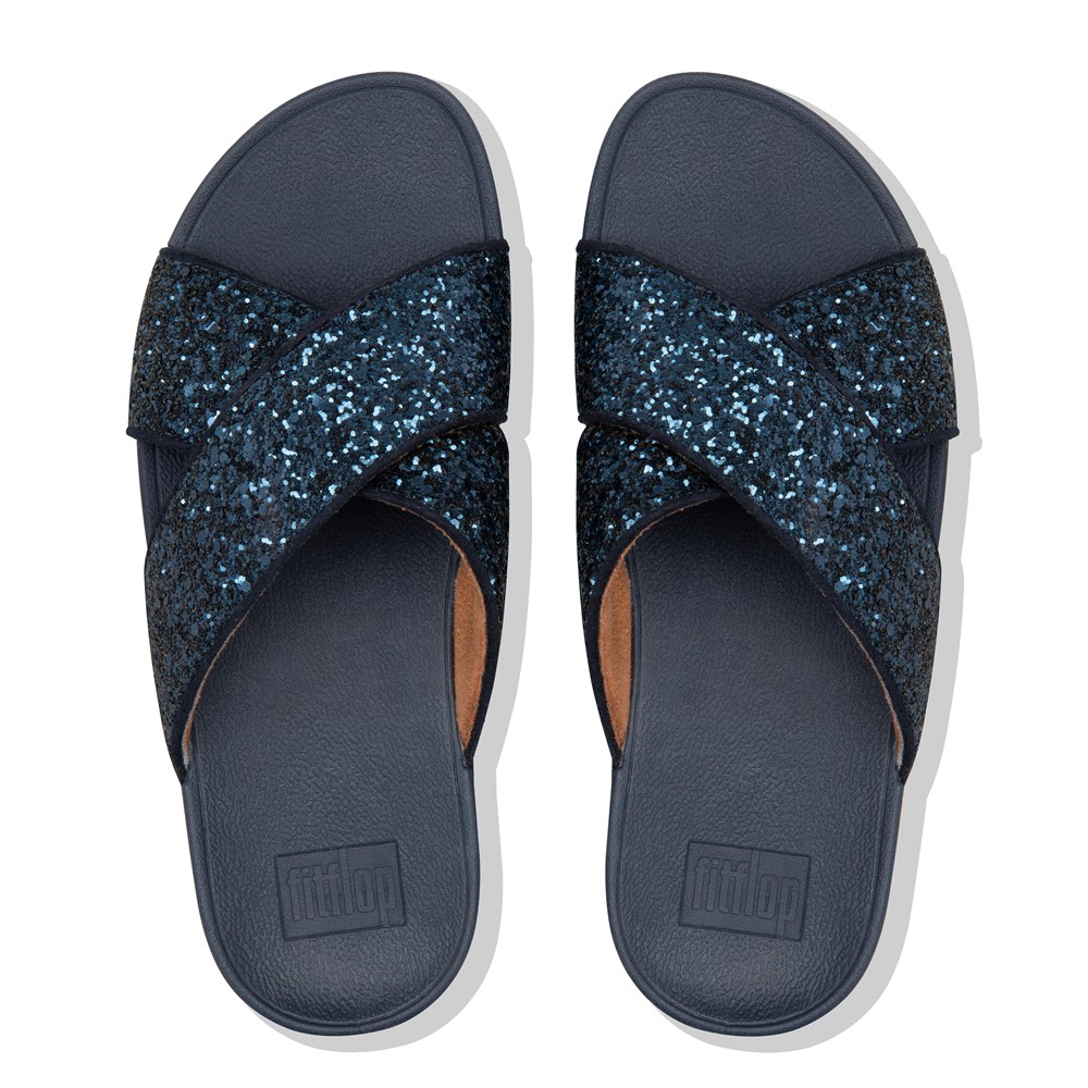 Fitflop Womens Slides - Lulu Glitter Cross - Navy - 063-VSFBZW